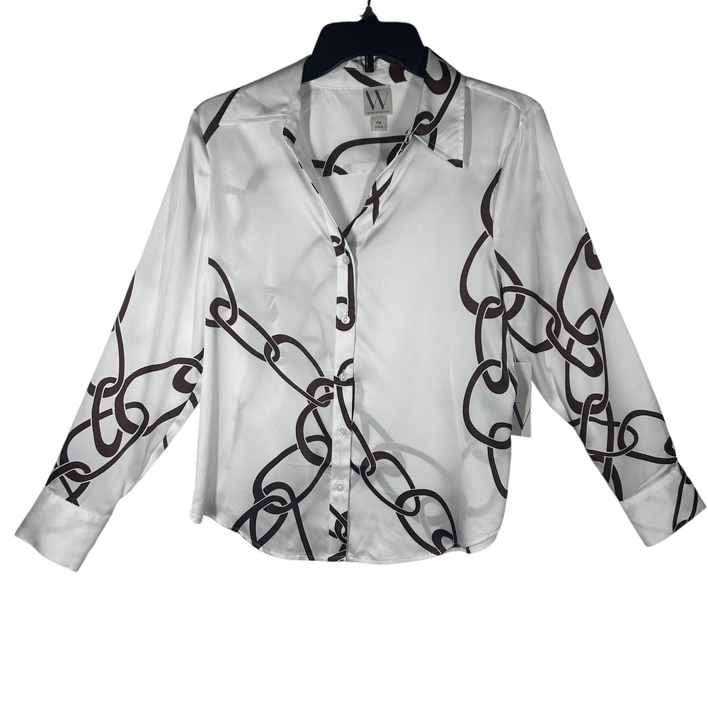 Worthington Chain Print Long Sleeve Button Down Shirt Size Petite Medium NEW